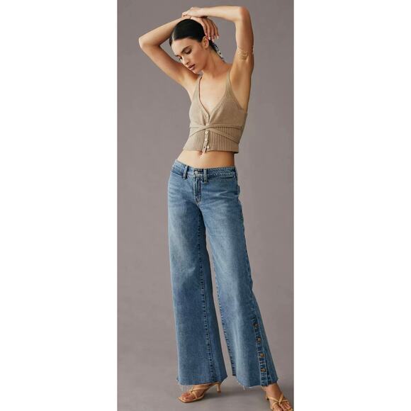Pilcro Denim - Anthropologie Pilcro Skater Low-Rise Wide-Leg Jeans snap cuffs raw hem size 30